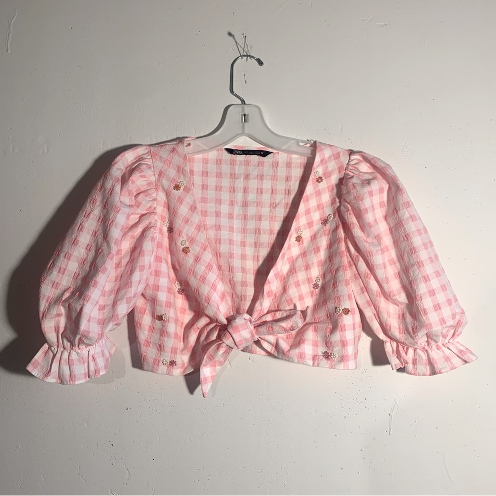 Zara Pink Checkered Crop Tie Blouse Puff Sleeves Small